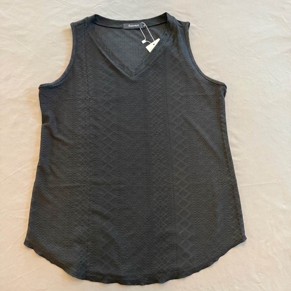 Automet Womens‎ Black Pointelle Knit V-Neck Sleeveless Tank Top Size M